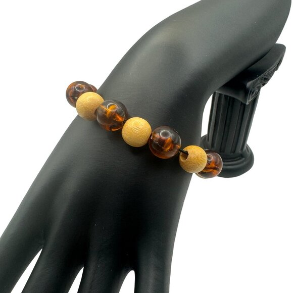 Handcrafted Wood & Resin Beaded Bracelet Stretch Fit Earthy Tones - Picture 2 of 5